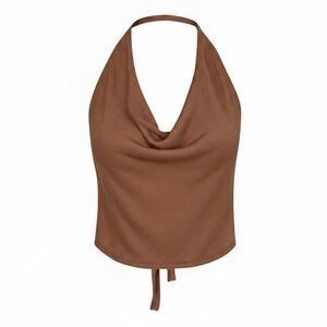 New Aya Muse Cinnabar Knit Tied Draped Halter Crop Top XXS Brown